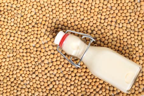 Envase de leche de soja y granos de soja