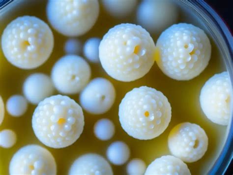 Ilustración de gránulos de kéfir con diferentes tipos de bacterias y levaduras.