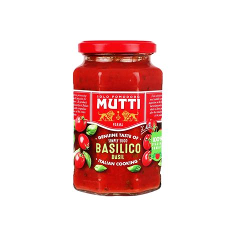 Frasco de salsa de tomate y albahaca Mutti con sello 100% italiano
