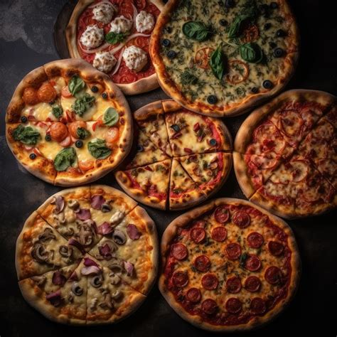 Imagen de varias pizzas familiares y medianas con diferentes toppings.