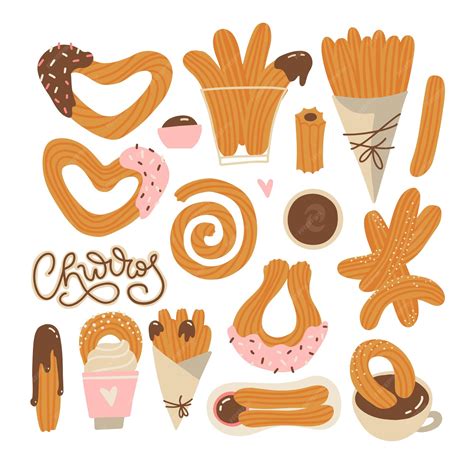 Ilustración de diferentes formas de churros: lazo, bastón y rectos.