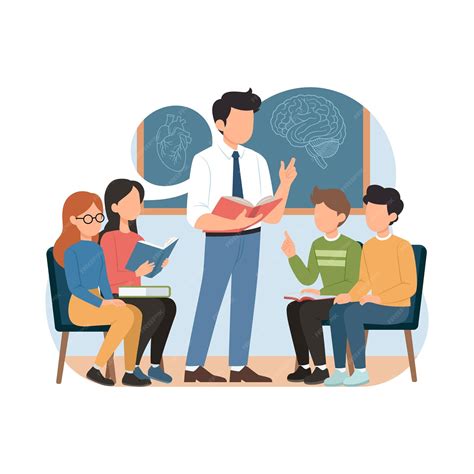 Ilustración de un profesor inspirador interactuando con estudiantes en un aula
