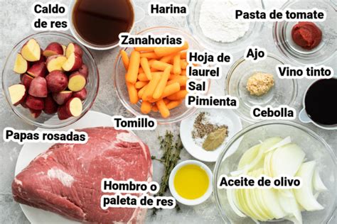 Infografía paso a paso con los ingredientes principales organizados sobre una mesa de madera
