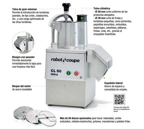 Imagen de la cortadora de hortalizas Robot Coupe CL 50-2V en funcionamiento, mostrando su capacidad de procesamiento de verduras y frutas