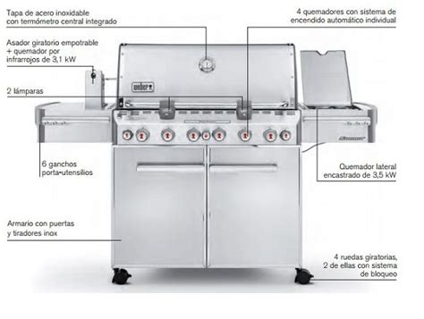 Esquema de las partes principales de una barbacoa con parrilla y spiedo, mostrando la rejilla y el asador giratorio.