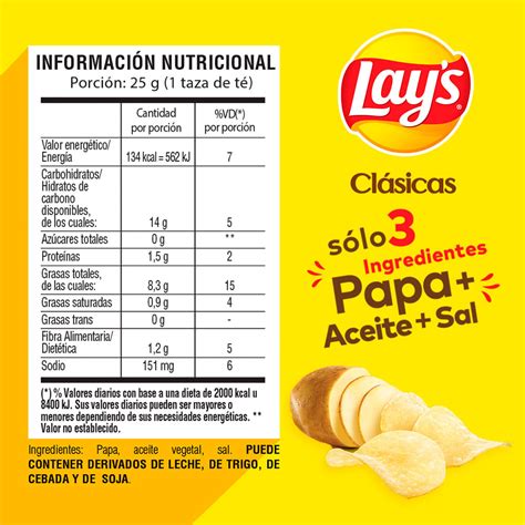 Infografía comparativa de los valores nutricionales de las papas fritas Lay's Corte Americano por cada 100g y por porción individual.