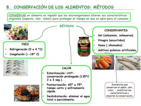 Esquema de los métodos de conservación: frío, calor, aditivos químicos y deshidratación.