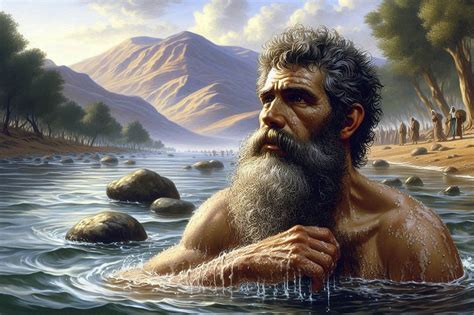 Ilustración de Naamán bañándose en el Jordán