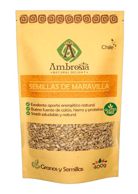 Envase de Semillas de Maravilla Ambrosia de 450g, destacando la información de 