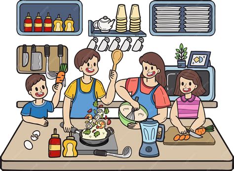 Ilustración de una familia cocinando pasta casera con amor