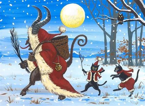 Ilustración de Krampus con cuernos, pieles y lengua larga, acompañado de San Nicolás