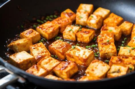 Tofu dorado en una sartén antes de añadir la salsa