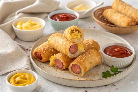 Rollitos de salchicha empanizados y dorados, listos para servir