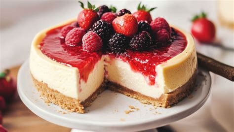 cheesecake de frambuesa sobre una mesa con frutos rojos alrededor