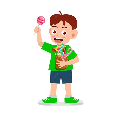 Niño comiendo muchos dulces, ilustración