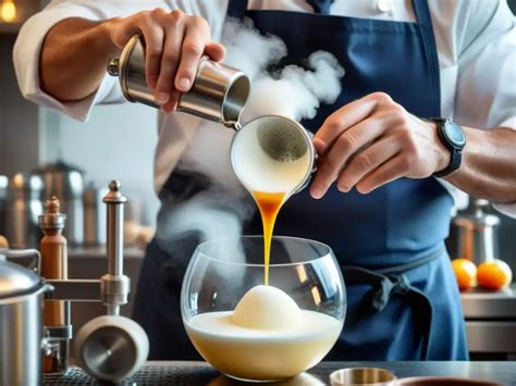 Chef utilizando un sifón de cocina para servir una espuma en un plato gourmet