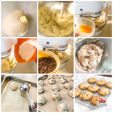 Esquema de los pasos para hacer galletas con chips de chocolate.