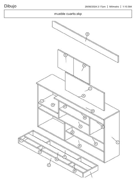 Diagrama de despiece de un mueble de cocina estándar mostrando la unión de módulos y la ubicación de artefactos.