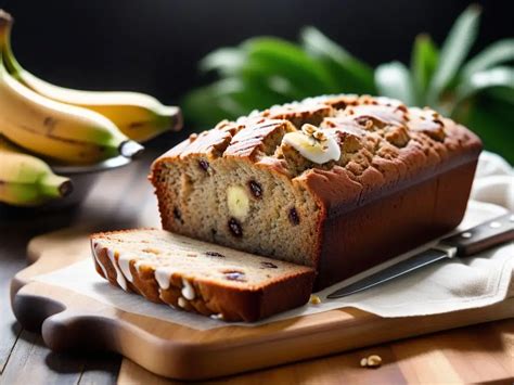 Queque de plátano vegano recién horneado, decorado con rodajas de plátano