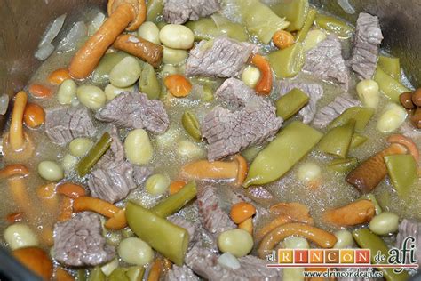 Esquema de preparación de carne estofada con verduras y hierbas aromáticas en olla grande