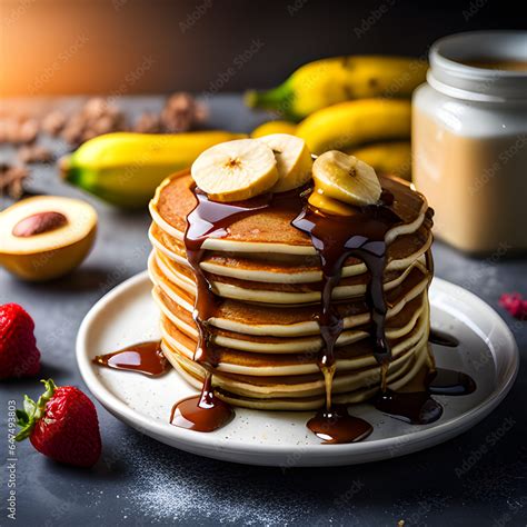 Plato de panqueques apilados con cobertura de chocolate fundido, frutillas frescas y un copo de crema batida