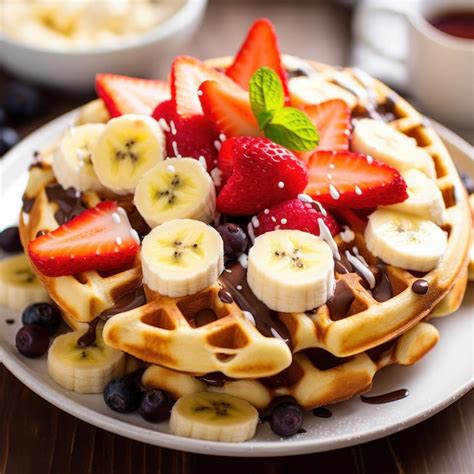 Fotografía de un plato con waffles recién hechos, acompañados de frutas frescas y miel.