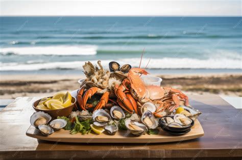Fotografía profesional de un plato de mariscos servido en una mesa rústica con pan artesanal