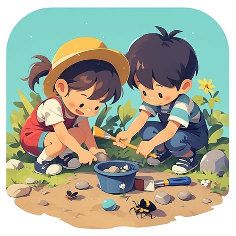 Ilustración de niños pintando piedras en el jardín