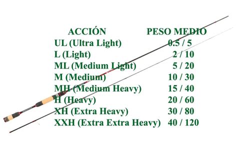 Esquema de una caña de pescar mostrando acción y potencia