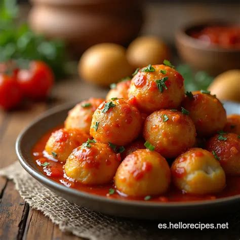 Plato de albóndigas caseras bañadas en salsa de tomate sobre un fondo de mesa de madera