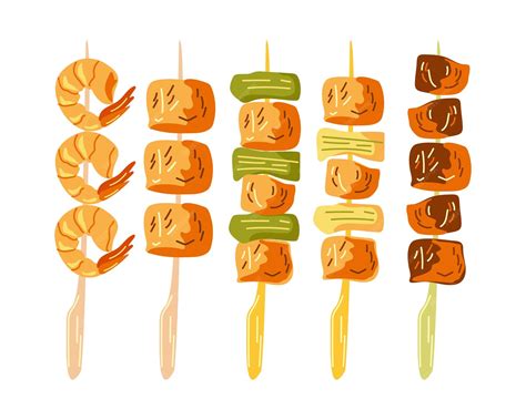 Ilustración de brochetas de yakitori siendo asadas en una parrilla de carbón.