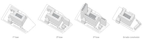 Esquema volumétrico del edificio mostrando su geometría facetada y su integración con la planta industrial existente