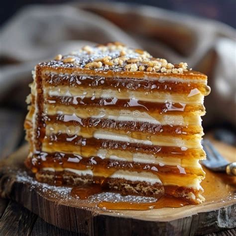 Tarta de miel con manteca cortada en porciones, mostrando las capas