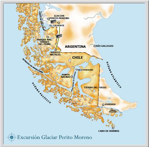 Mapa de la Patagonia con la ubicación del Glaciar Perito Moreno