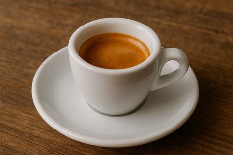 Foto de una taza pequeña de espresso solo, con una cápsula Nespresso Ristretto en primer plano