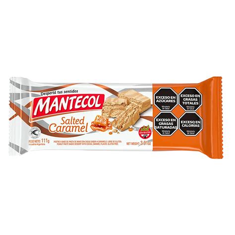 Infografía con las características principales del Mantecol: libre de gluten, sabor a maní, formato barra.