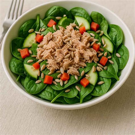 Fotografía apetitosa de una ensalada de atún y espinacas con aguacate y tomates cherry