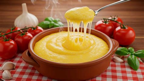plato de polenta cremosa servido con tomates cherry salteados y quenelle de ricota