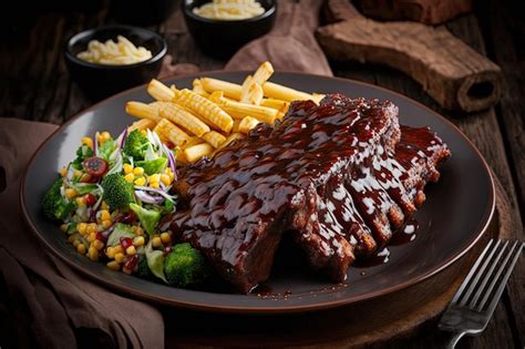 Fotografía de un plato combinado de costillas BBQ con papas fritas, ensalada coleslaw y maíz dulce.