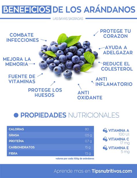 Infografía sobre los valores nutricionales clave y beneficios de los arándanos.
