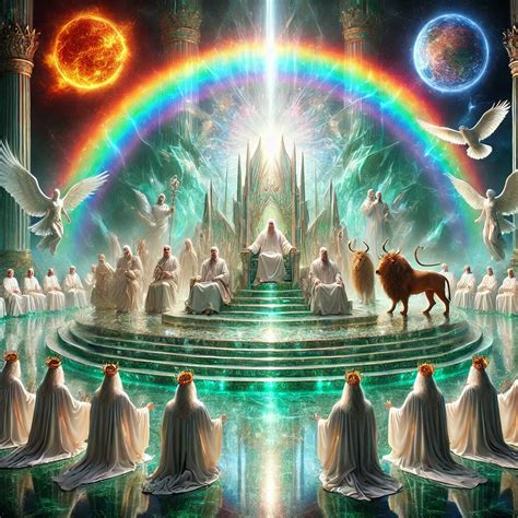 Representación artística de la adoración espiritual ante un trono celestial.