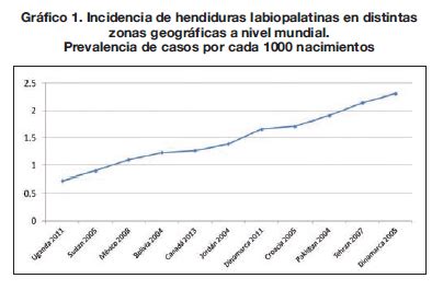 Gráfico de barras mostrando la incidencia de fisuras labiopalatinas por año.