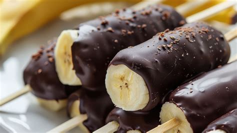 Fotografía profesional de brochetas de plátano bañadas en chocolate negro y decoradas con virutas