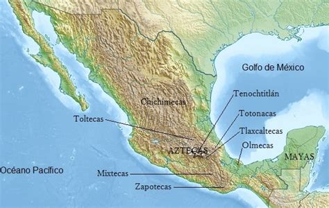 Mapa de la antigua Mesoamérica mostrando la ubicación de los aztecas y totonacas