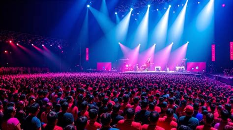 Espectáculo nocturno con un gran escenario iluminado y una multitud de personas disfrutando de un concierto al aire libre