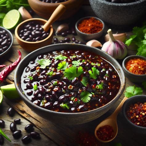 Composición de diferentes platillos que utilizan salsa de frijoles negros como acompañamiento.