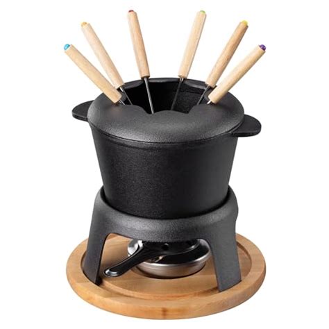 Esquema de un set de fondue tradicional: caquelon, quemador y tenedores largos.