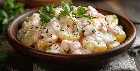 Ensalada de papas con mayonesa lista para servir, decorada con cebollín