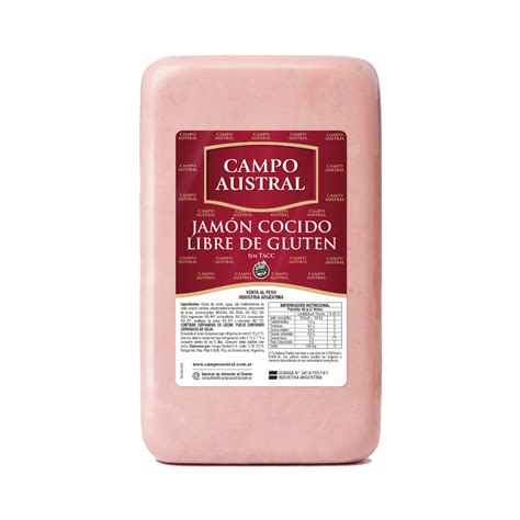 Infografía sobre las características del Jamón Cocido Campo Austral destacando su sello Sin TACC y su textura tierna