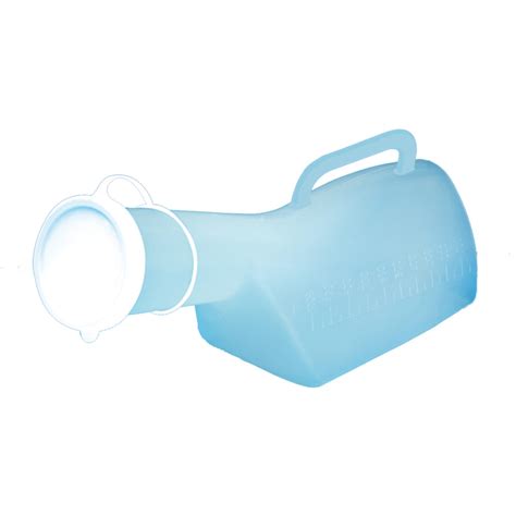 Foto detallada de un orinal tipo botella graduado con asa ergonómica y tapa protectora